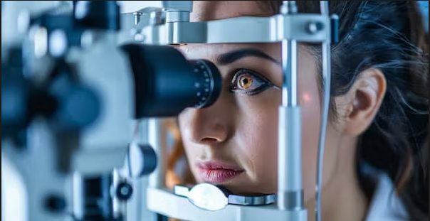 Retina specialist examining a patient's eye under a slit lamp at Vishal Eye Center